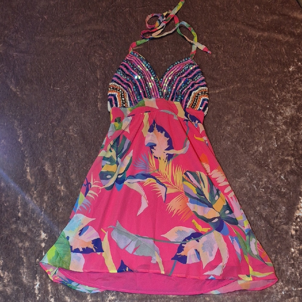 NEW NWT Boston Proper Pink Beaded Floral Halter Dress